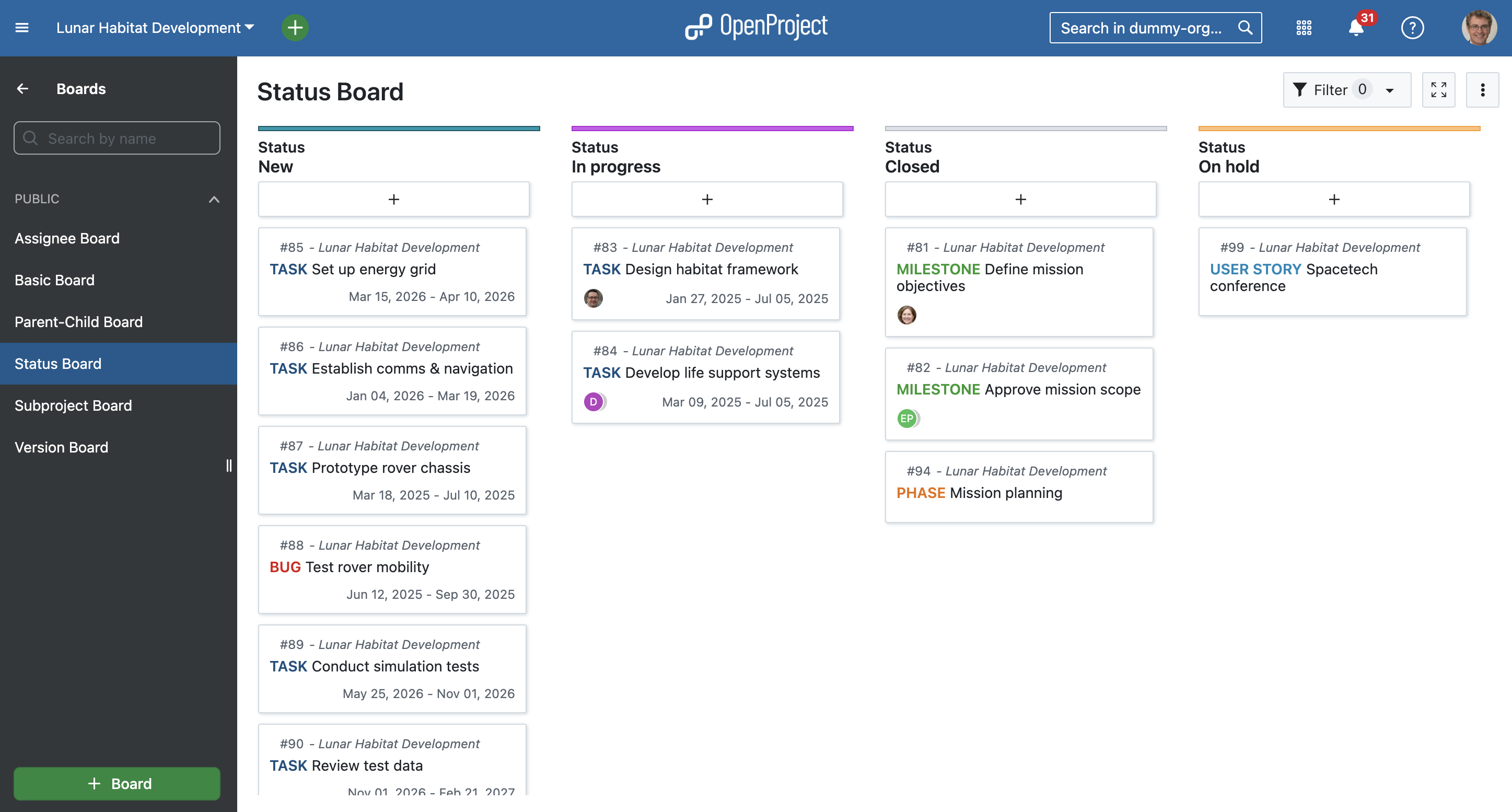 Example of an action board in OpenProject: Aerospace work packages sorted by status