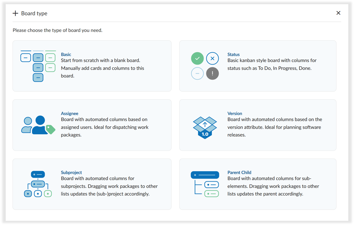 Screenshot of the board creation modal in OpenProject with board type options