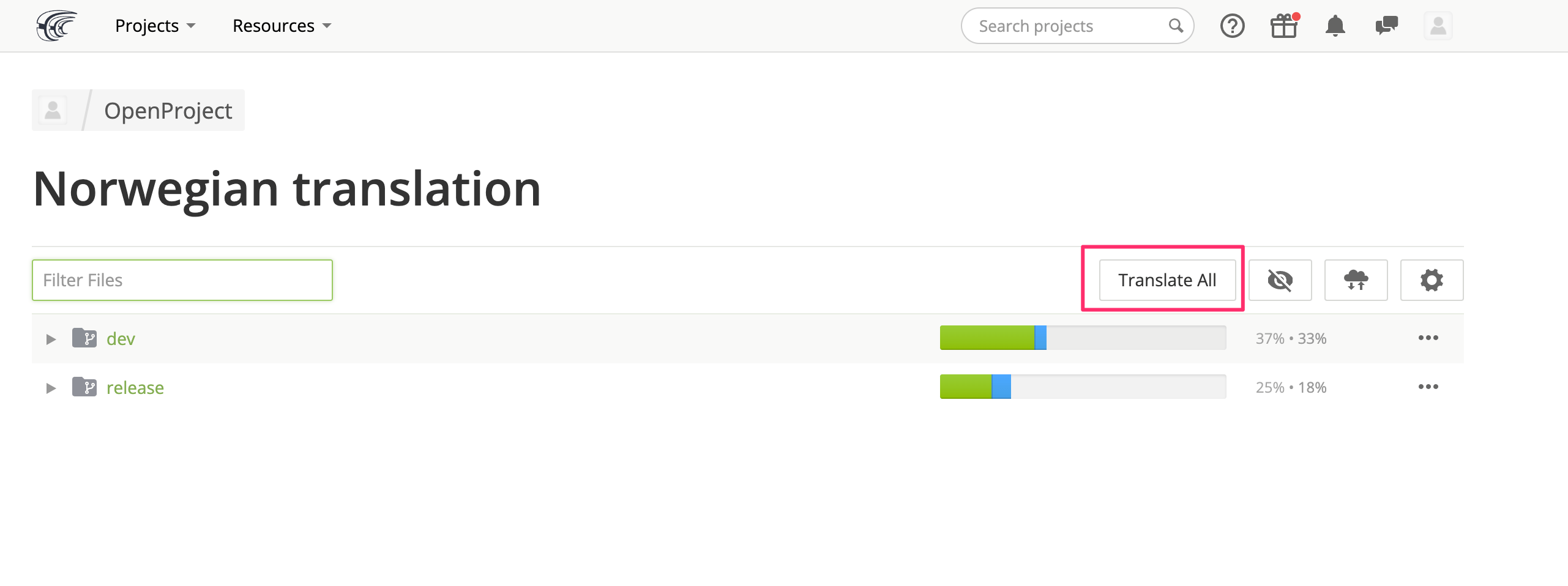 Language overview of translatable files Select OpenProject version to translate in CrowdIn