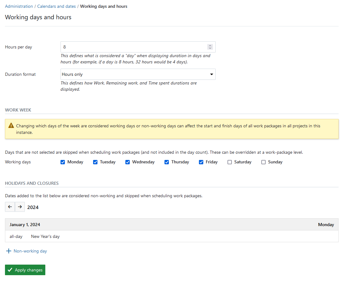 The ‘Working days’ entry in Calendar and dates settings