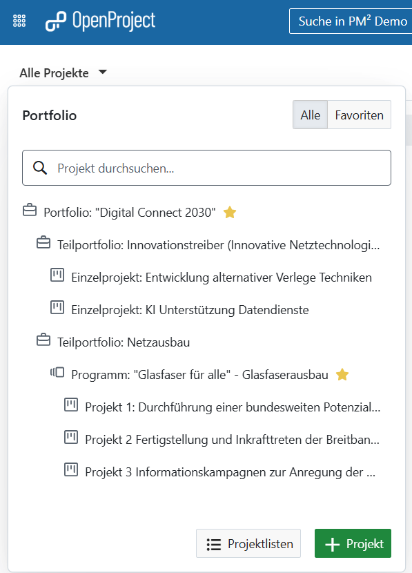 Screenshot: Favorite “Projects” dropdown showing a hierarchical list of portfolio, sub-portfolio, program, and projects