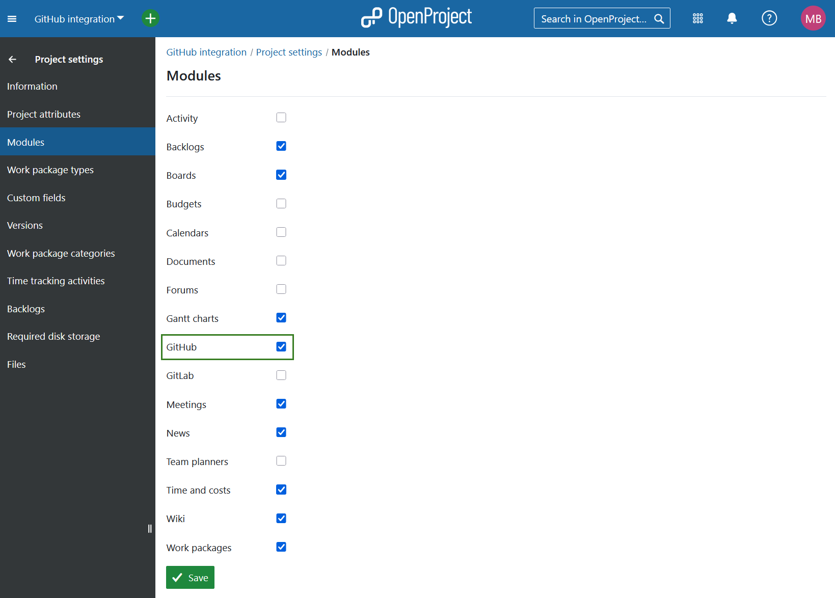 GitHub module is activated under Project settings -> Modules in OpenProject project