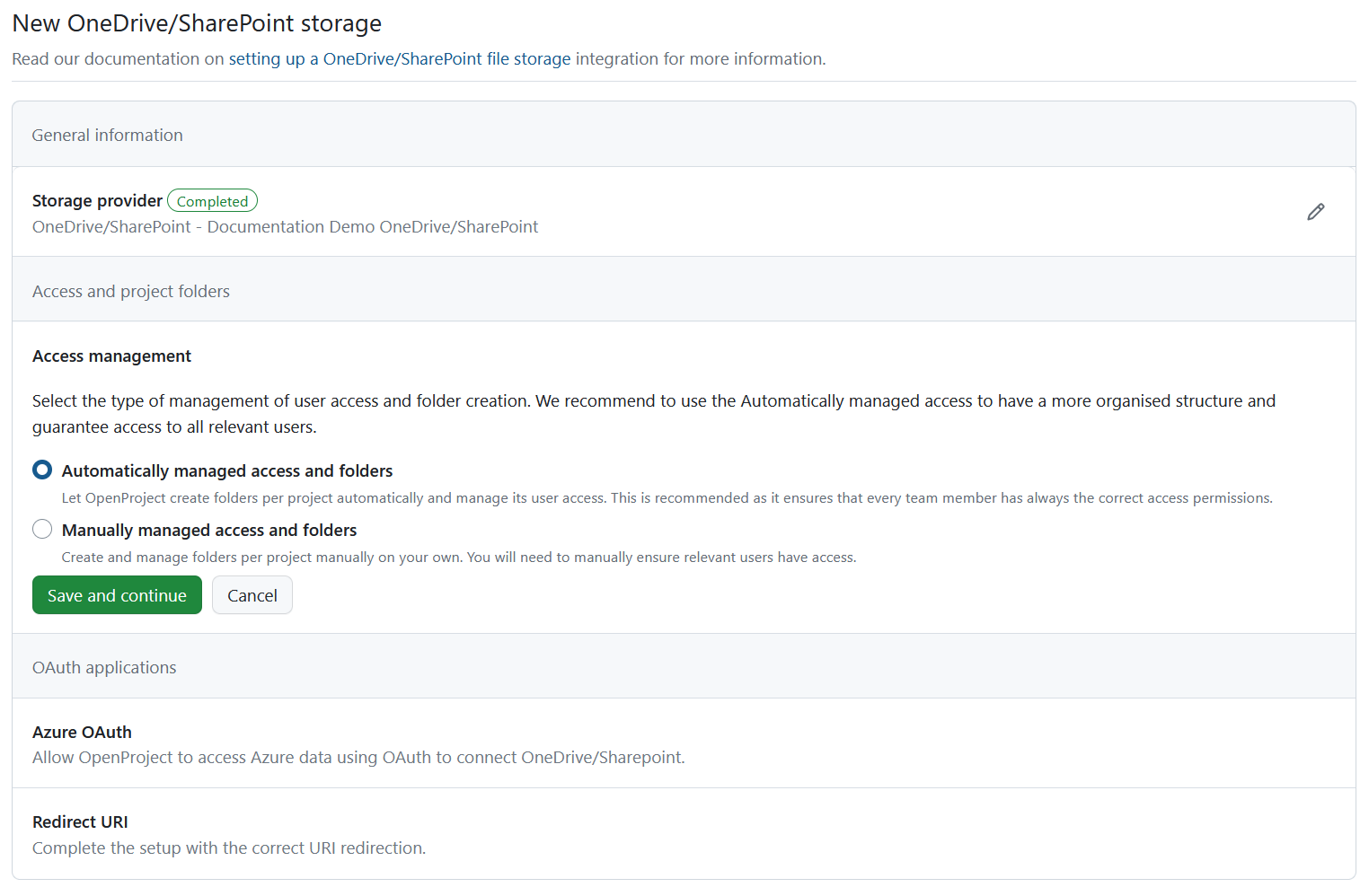 Access and project folders details in OneDrive file storages setup in OpenProject