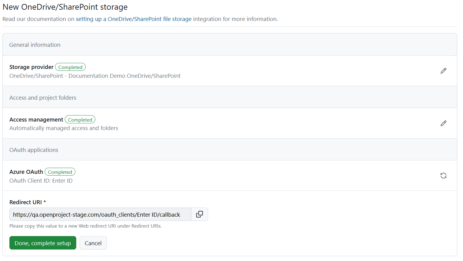 Redirect URI details in OneDrive file storage setup in OpenProject