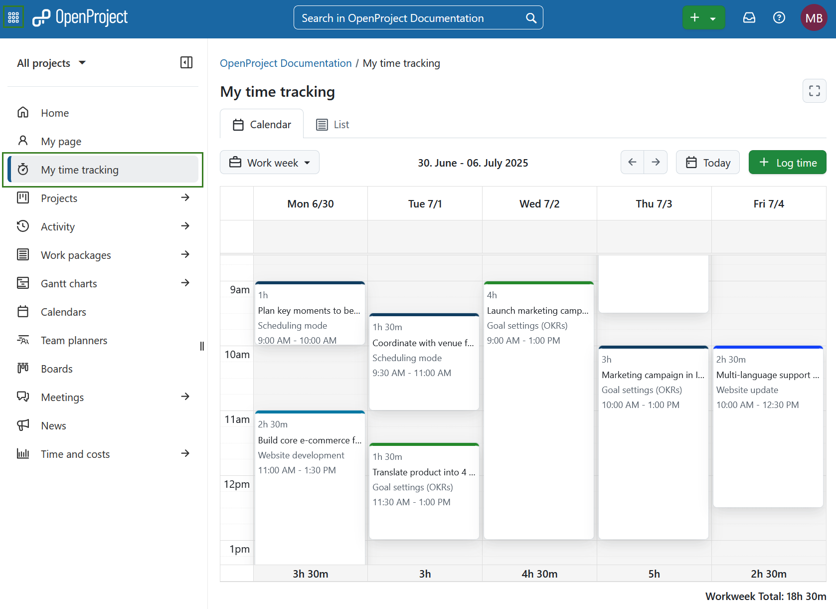 My tracking page overview in OpenProject