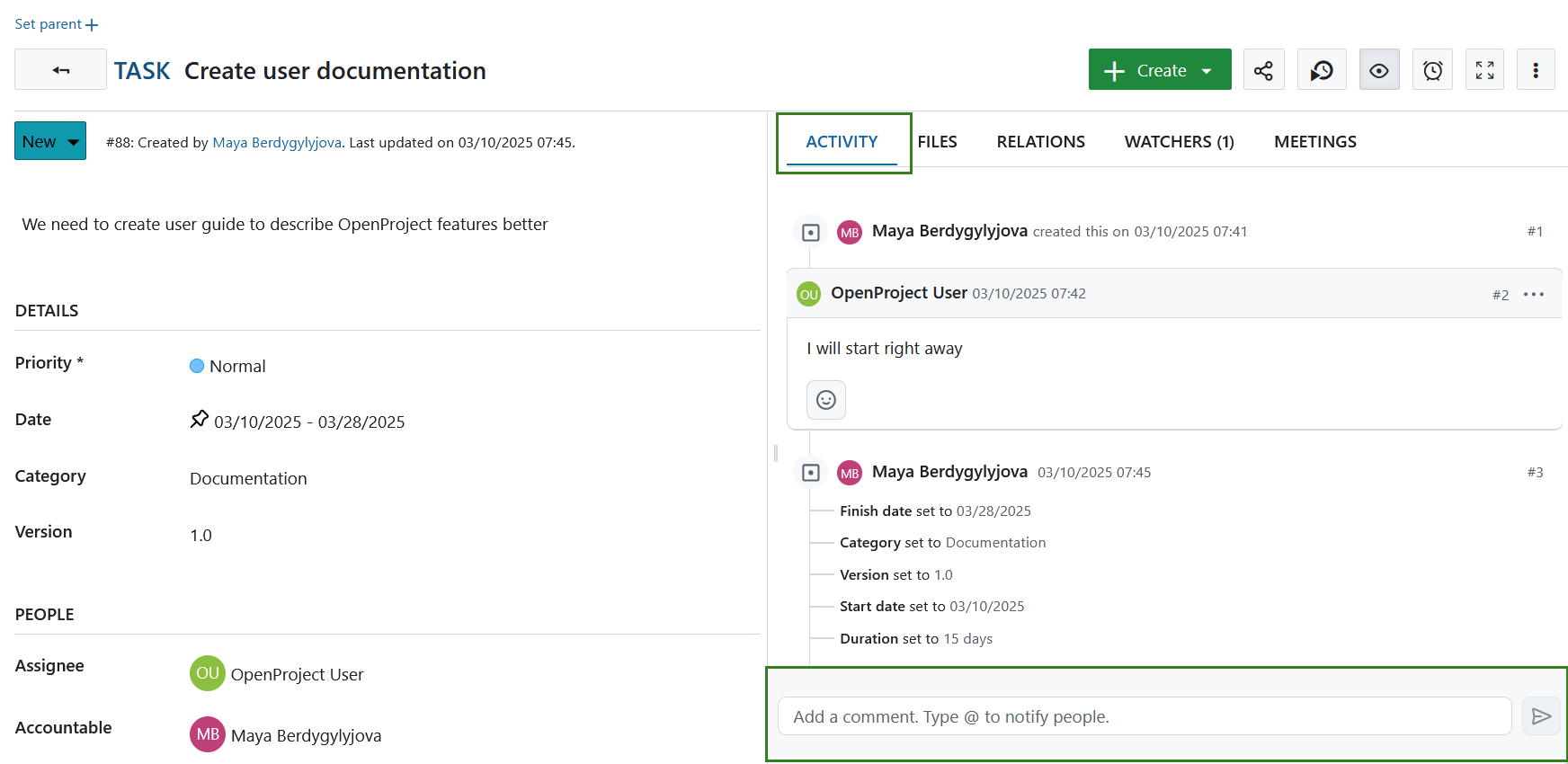 Comment on work packages in OpenProject