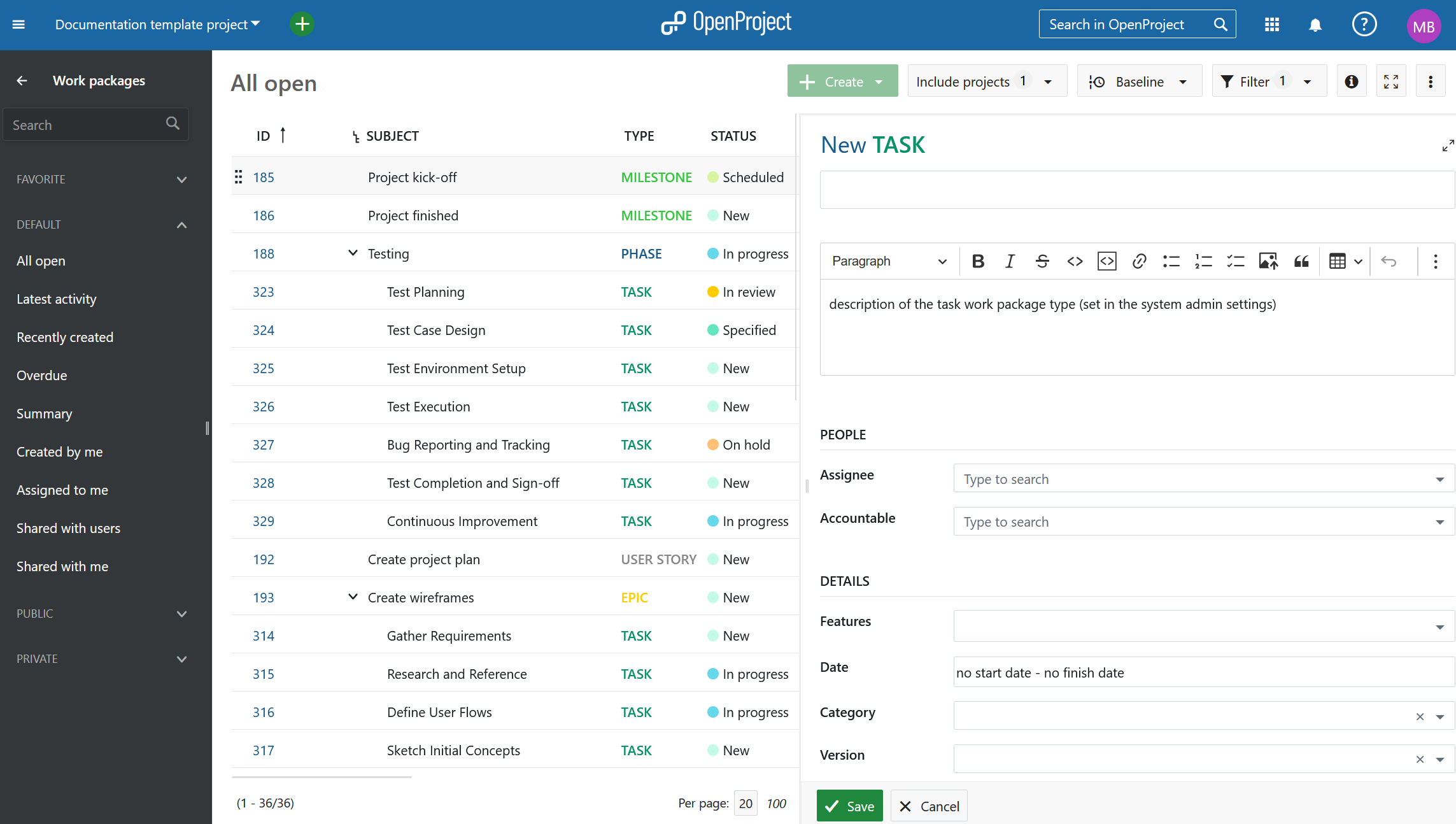 A work package in split screen view in OpenProject