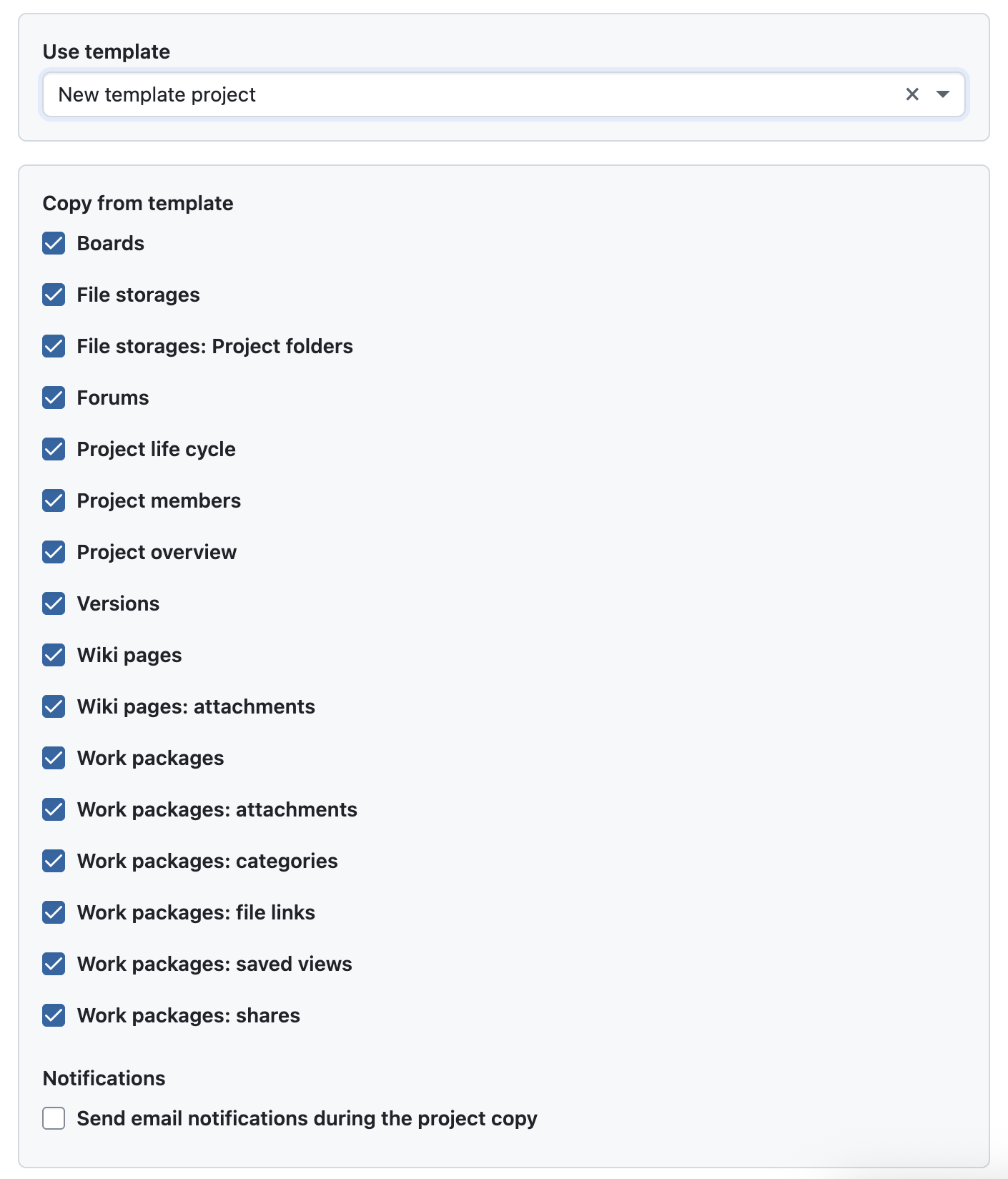 Showing options to copy modules when creating a new project based on a template
