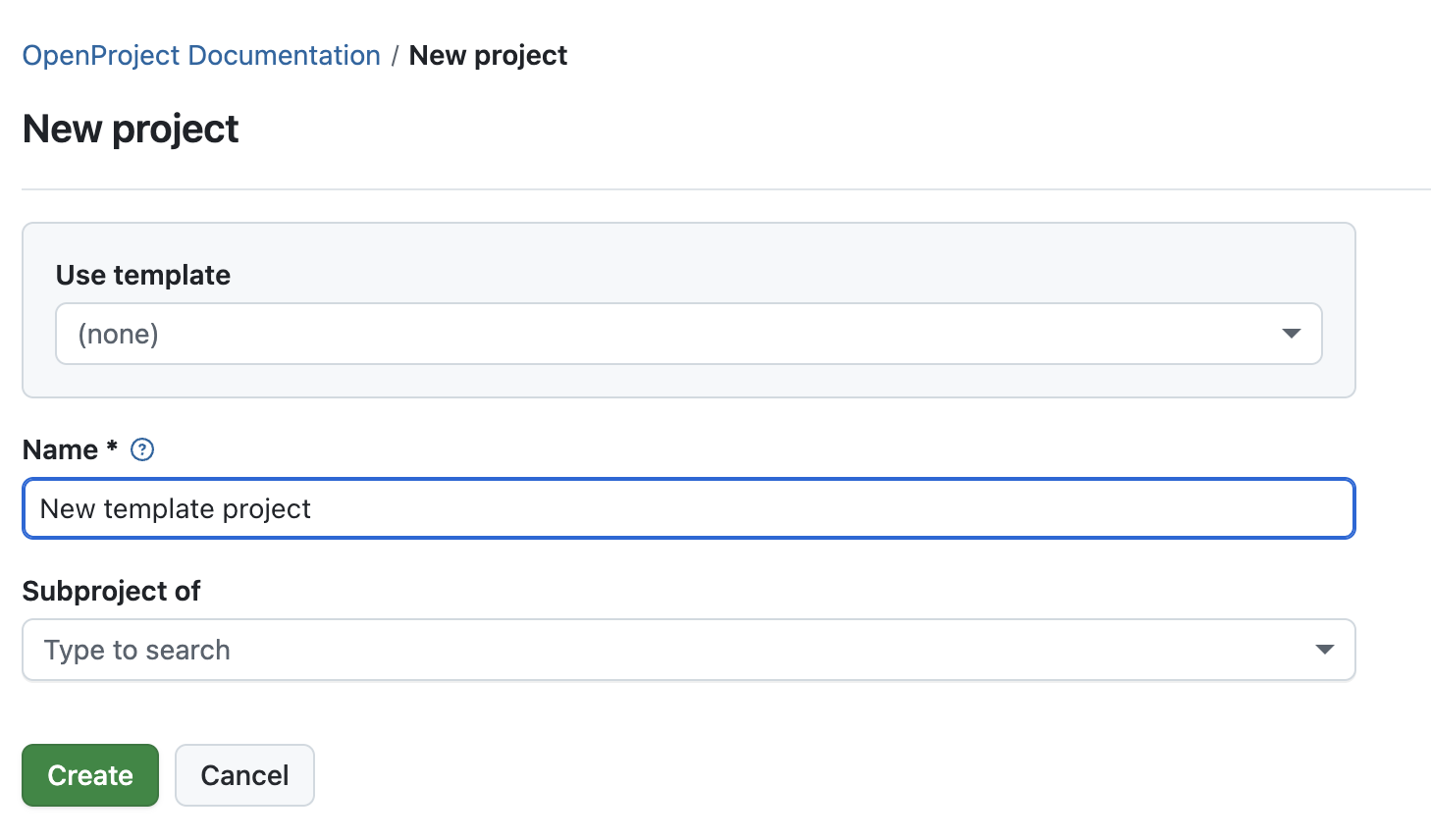 project form to fill in with project name