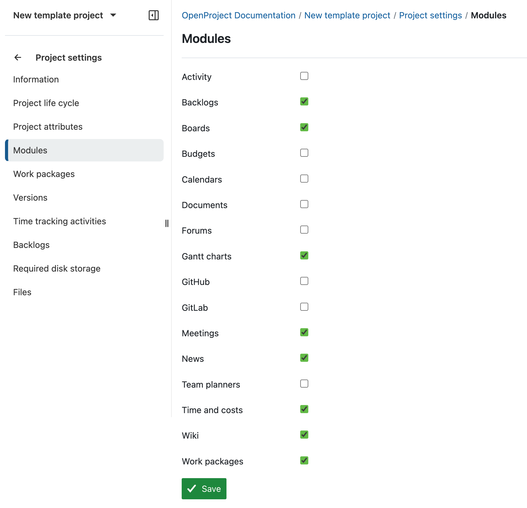 showing all modules with tick boxes to activate or deactivate